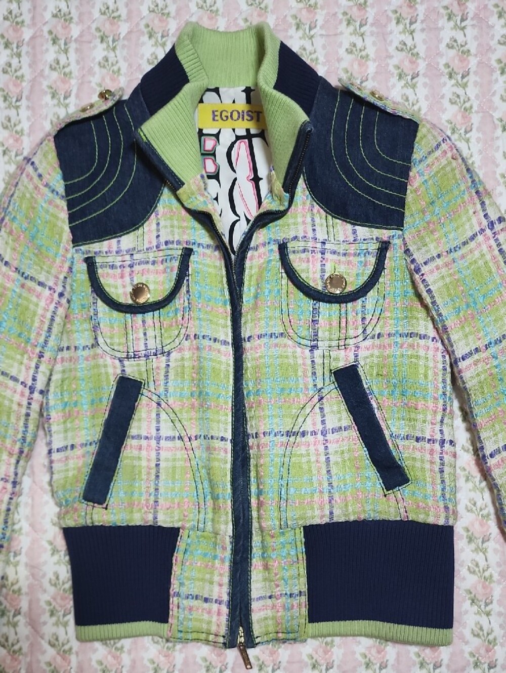 Egoist 💖 Light Green Pink Blue Plaid Tweed Bomber Zip Up Jacket